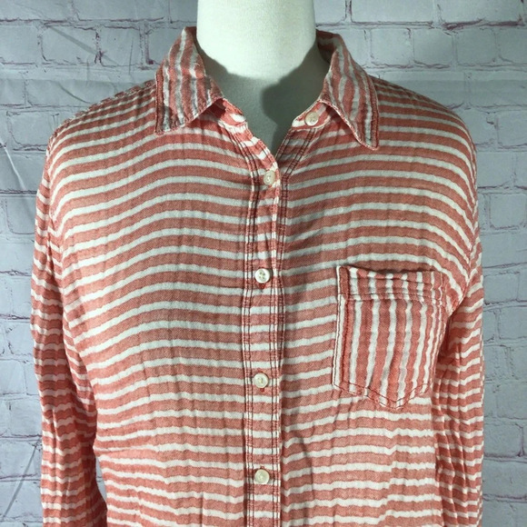 STYLUS Salmon and White Striped Button Down Long Sleeve Top - Size Medium - Picture 2 of 8